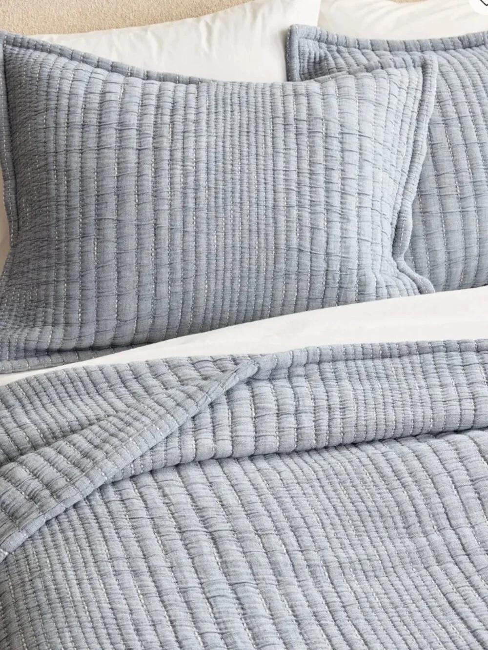 NWT Quince Organic Cotton Channel Stitch Coverlet Set, King / Cal King, Blue